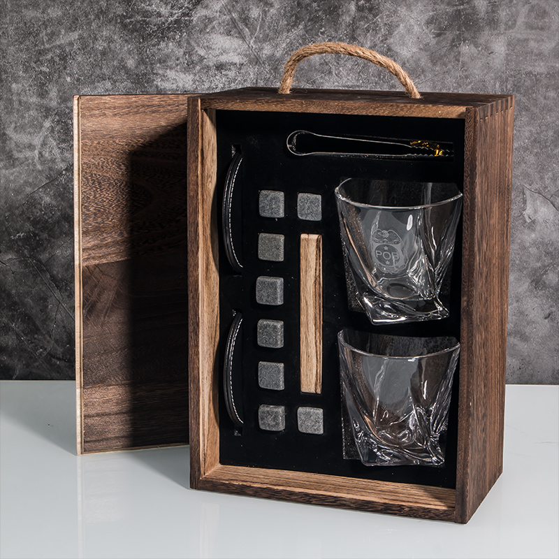 Whiskey Glass and Stones Set with Wooden Tray